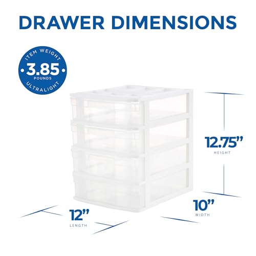 Gracious Living Drawer Organizer, 4-Tier Plastic Storage Desktop Drawers, White Frame - Stackable Clear Desk Containers & Organizers for Shelves, Bathroom, Closet, Kitchen Pantry & Office Organization