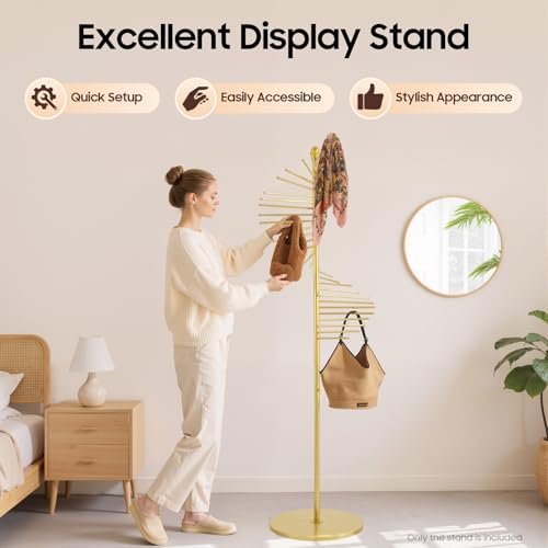 67" Freestanding Scarf Organizer, Metal Spiral Scarf Holder with 30 Rods | Gold, Commercial Hijab Organizer Belt Pants Hanger for Clothing Store Home, Space Saving Shelves