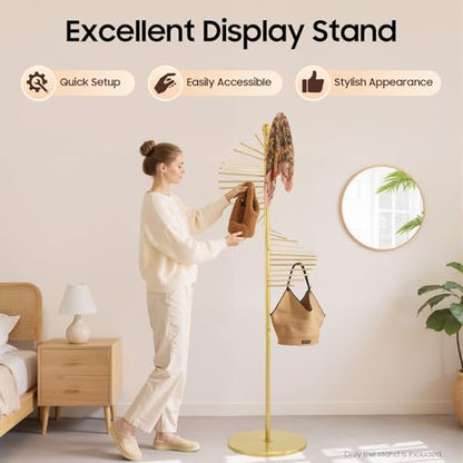 67" Freestanding Scarf Organizer, Metal Spiral Scarf Holder with 30 Rods | Gold, Commercial Hijab Organizer Belt Pants Hanger for Clothing Store Home, Space Saving Shelves