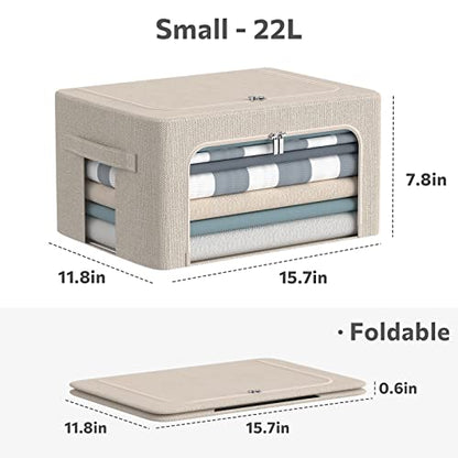 CYhom 3Pack Foldable Storage Bins - Frame Storage Box Linen Fabric Stackable Clothes Container Organizer with Clear Window & Carry Handles Large Capacity (Small-22L, Beige)