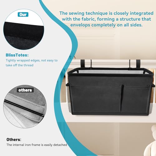 BlissTotes Bedside Caddy, Dorm Storage with Pockets, Bunk Bed Accessories | Hanging Bed Storage Organizer with Hooks, Bedside Shelf Bag, Magazine Holder for Home, College, Hospital (Dark Grey, 1 Pack)