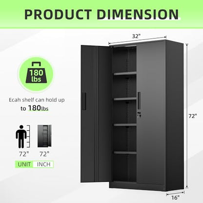 Black Metal Storage Cabinet, 72" Locking Steel Cabinets with 2 Door and 4 Adjustable Shelves, Tall Metal Cabinet for Home Office, Garage, Warehouse