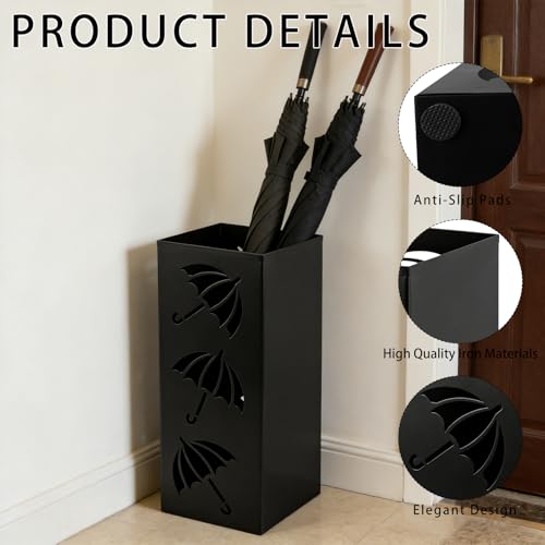 Metal Umbrella Holder, Square Freestanding Umbrella Stand Bucket Storage Indoor for Entryway, 6.3 x 6.3 x 16.3 Inch - Black