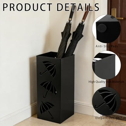 Metal Umbrella Holder, Square Freestanding Umbrella Stand Bucket Storage Indoor for Entryway, 6.3 x 6.3 x 16.3 Inch - Black