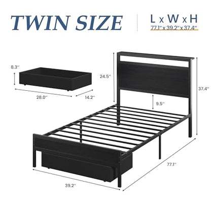 Twin Bed Frame,Twin Bed Frame with Storage Headboard & Storage Drawer, Charging Station & LED Light, No Box Spring Needed, Noise Free, Easy Assembly, Classic Black