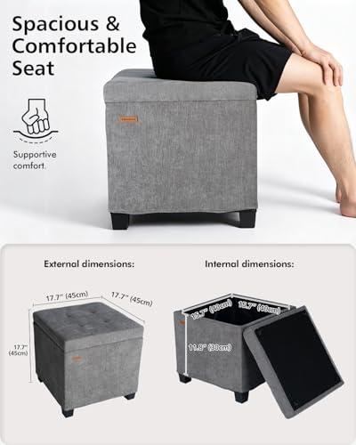 Chenille Cover Steel Frame Ottoman with 48L Storage,17.7" x 17.7" x 17.7" Square Linen Storage Ottoman Stool Cube with Legs,for Dorm Livingroom Gray UASND641G