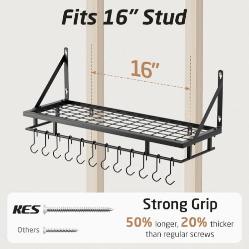 KES 30-Inch Kitchen Pan Pot Rack Wall Mounted, Hanging Storage Organizer | 88 Lbs Capacity, Wall Shelf with 12 Sturdy Hooks, 16-Inch Stud Mount, Matte Black, KUR215S75A-BK