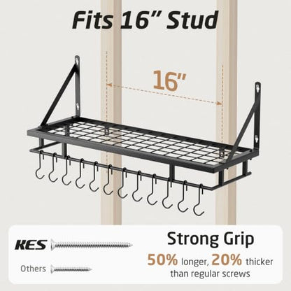 KES 30-Inch Kitchen Pan Pot Rack Wall Mounted, Hanging Storage Organizer | 88 Lbs Capacity, Wall Shelf with 12 Sturdy Hooks, 16-Inch Stud Mount, Matte Black, KUR215S75A-BK