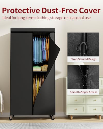 Sakugi Clothes Rack with Cover, Wardrobe Closet, 35.4" x17.7" x79.7", Iron | Bedroom, Dorm, Apartment, Open Front, Heavy Duty, Lockable Wheels, Rust-Resistant, Black