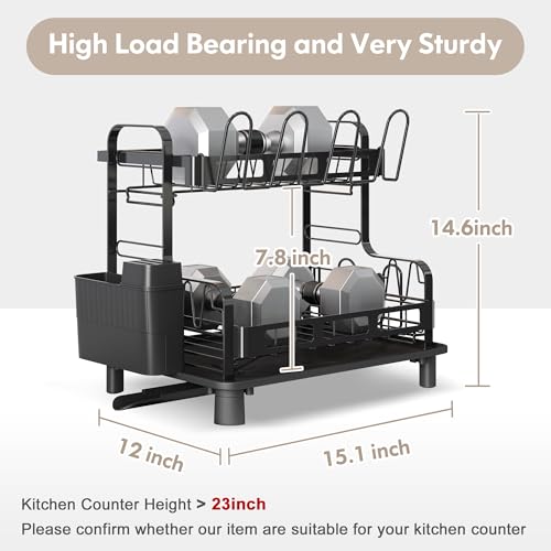 2 Tier Dish Drying Racks for Kitchen Counter with... (Black | Stainless Steel)