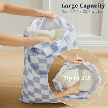 Ohocut Checkered 2 Pcs Large Travel Laundry Bags for Dirty Clothes, Aesthetic Trendy Waterproof Washable Laundry Bag with Handle for Travel, Gym, Swimming Pool, Blue