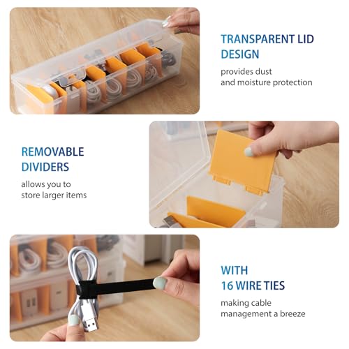2 Pack Cable Organizer Storage Box with 16 Cable Ties, Clear Phone Charger Organizer Case Wire Organizers for Cords Electronic Storage Box for Drawer Desk Office Home