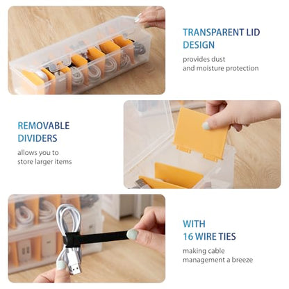 2 Pack Cable Organizer Storage Box with 16 Cable Ties, Clear Phone Charger Organizer Case Wire Organizers for Cords Electronic Storage Box for Drawer Desk Office Home