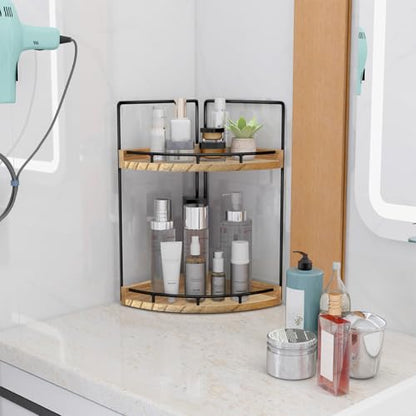 Dorhors Corner Bathroom Counter Organizer,Vanity Countertop Storage Shelf | 2-Tier Rustic Brown Rack Holder for Skincare,Perfume,Makeup,Lotion,Wood Sink Tray Stand for Kitchen,Restroom,Dresser