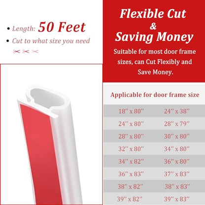50 Feet D-Shape Rubber Weather Stripping Door Seal Strip, Self-Adhesive Backing Door Weatherstripping for Door Frame Insulation Large Gap, Easy Cut to Size with Tailor Scissors(White)