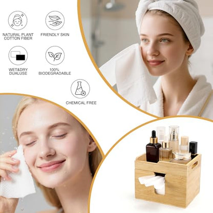 Bamboo Face Towel Holder with 120 XL Towels - Open-Top Skincare Organizer for Facial Cleansing Wipes & Beauty Essentials - Bathroom Countertop Vanity Organizer