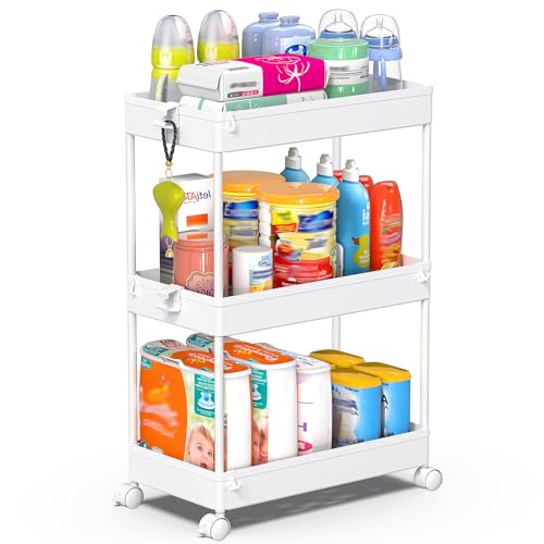 3 Tier Rolling Cart, Bathroom Cart Organizer with... (White | Plastic)