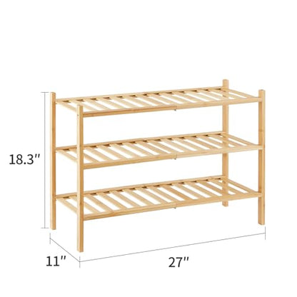 3-Tier Bamboo Shoe Rack for Entryway, Stackable | Heavy Duty | Multi-Function, Free Standing Shoe Racks for Bedroom Hallway Closet