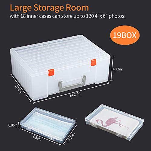 Photo Storage Box 4x6, 18 Inner Extra Large Organizer Acid-Free Photo Keeper Storage Case, Plastic Craft Storage Box for Stickers Stamps Seeds (Clear, 18 Boxes)