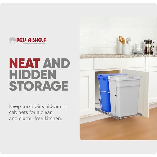 Rev-A-Shelf Double Pullout Garbage Trash Cans for Kitchen Cabinets, 35 Qt | Large Capacity Waste/ Recycling Bins, Heavy Gauge Wire Construction, with Full Extension Slides, Blue/White, RV-18KD-11RC-S