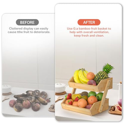 G.a HOMEFAVOR 2-Tier Bamboo Fruit Basket for Kitchen Counter, Self-assembly | Large Fruit Bowl, Vegetable Storage Stand for Fruit Shop, 15 mm Thickness