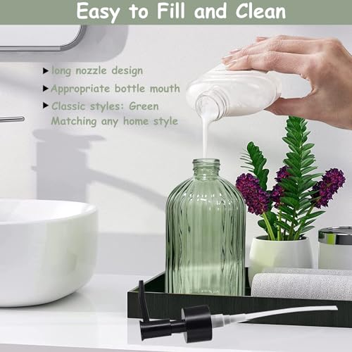 YYTSGG Green Glass Soap Dispenser Set with Black Pump, 13.5oz, 2 Pack | Refillable Liquid Hand Soap Dispenser, Lotion Dish Soap Dispenser for Modern Home Decor, Bathroom, Kitchen Countertop, Hotel