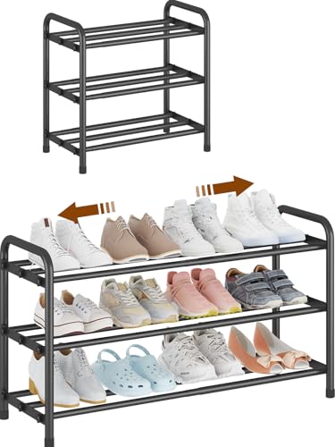 Expandable 3-Tier Shoe Rack for Closet & Entryway, Metal Shoe Organizer | Expandable • Adjustable Width • Holds 12 Pairs • Heavy-Duty Metal • Tool-Free Assembly • Fits Small Spaces