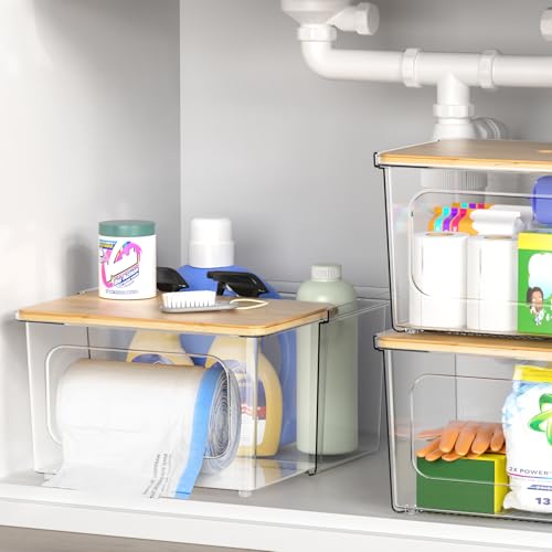 iCASA 2 in 1 Trash Bag Holder Garbage Bags Dispenser Under Sink Organizer | Stackable Trash Bag Organizer for 13/30/33 Gallon Bags, Clear Storage Bins for Kitchen, Cabinet, Laundry Room Organization