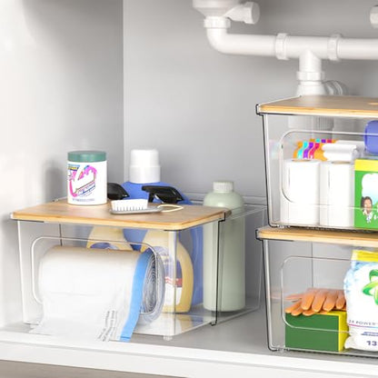 iCASA 2 in 1 Trash Bag Holder Garbage Bags Dispenser Under Sink Organizer | Stackable Trash Bag Organizer for 13/30/33 Gallon Bags, Clear Storage Bins for Kitchen, Cabinet, Laundry Room Organization