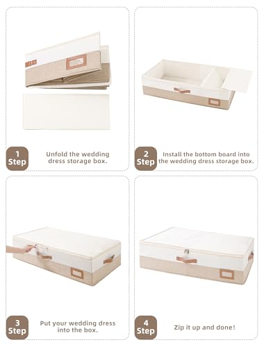 Wedding Dress Storage Box, Large Wedding Dress Preservation Box with 5 Cedar Wood Blocks, 30 Sheets of Acid-Free Tissue Paper, Microfiber Gloves, and Dust-Proof Bag-Beige&Linen Color