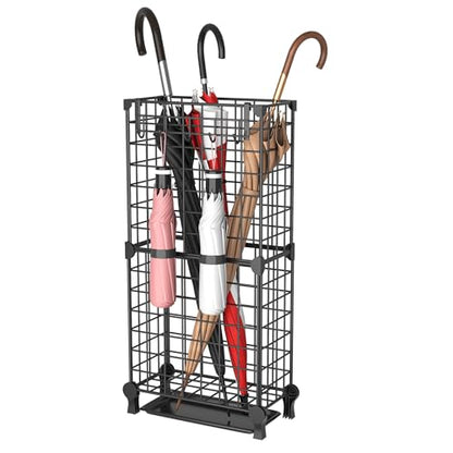AWTATOS Umbrella Holder Entryway, Umbrella Stand Freestanding, Black | Metal Square Umbrella Rack Organizer with a Removable Drip Tray, Hooks