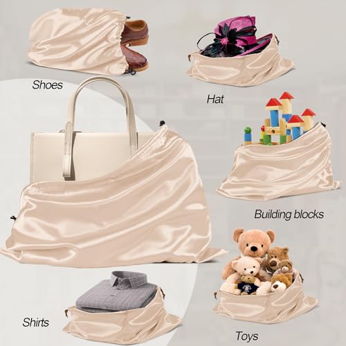 Manyshofu Beige Satin Dust Bags, 7 Pack Drawstring Storage 23.6x19.6 | Protects Handbags From Dust And Moisture, Soft Breathable Fabric, Washable Drawstring Closure, Folds For Travel, 7 Pack