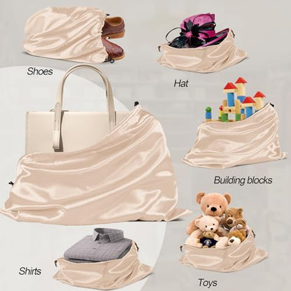 Manyshofu Beige Satin Dust Bags, 7 Pack Drawstring Storage 23.6x19.6 | Protects Handbags From Dust And Moisture, Soft Breathable Fabric, Washable Drawstring Closure, Folds For Travel, 7 Pack