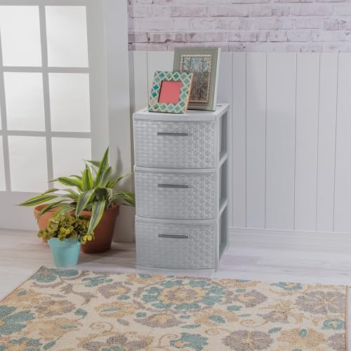 Sterilite 2-Pack 3-Drawer Weave Tower, Medium Storage Closet Organizer, Cement - Plastic Drawers and Containers for Bedroom, Cabinet, Clothes, Dresser, and Kitchen Pantry Organization