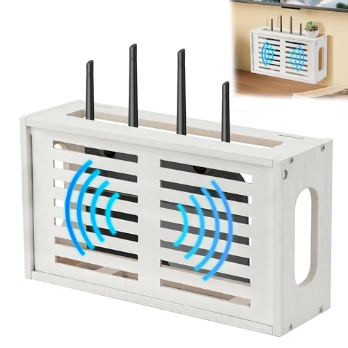 Router Shelf Wall Mount, WiFi Router Box Hider & Modem Storage Box with Cable Holes | Cable Management Organizer for Router, Modem, Power Strip | White, 13.9"x4.33"x7.68"