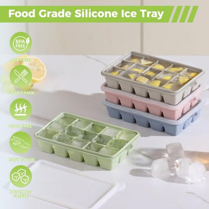 4-Pack Silicone Ice Cube Trays with Lid, Easy Release Ice Cube Molds, Reusable and Stackable Ice Trays for Freezer for Cocktail, Whiskey, Baby Food, BPA Free (Multicolour)