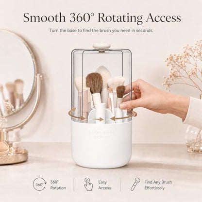 EACHY Makeup Brush Holder with Lid, 360° Rotating Vanity Organizer for Brushes, Dustproof Cosmetic Display Case, 7 Compartments, Waterproof Plastic (White)
