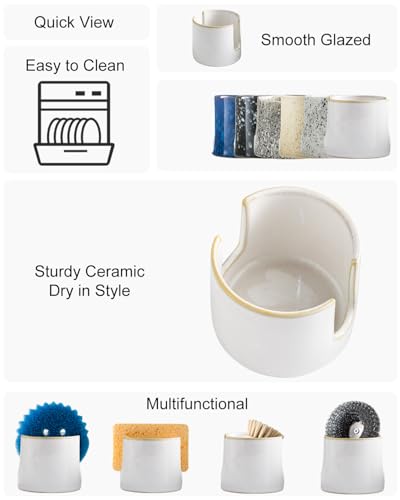 Sponge Holder for Kitchen Sink, Ceramic Dish Sponge Drying Caddy | Scrubby Daddy Kitchen Storage Organizer Cute Dish Brush Drying Rack for Sink Counter, Farmhouse Kitchen Decor, Beige White