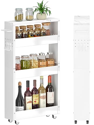 Slim Storage Cart, 4 Tier Narrow Kitchen Rolling C... (White | Metal, Wood)