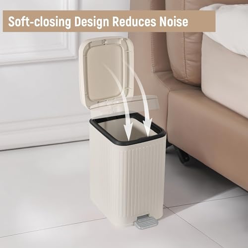 Small Bathroom Trash Can with Lid, 1.9 Gallon Slim Soft Close Step, Cream | Garbage Can with Pedal for Office, Bedroom, Kitchen & Living Room, Narrow Plastic Wastebasket Container for Small Spaces