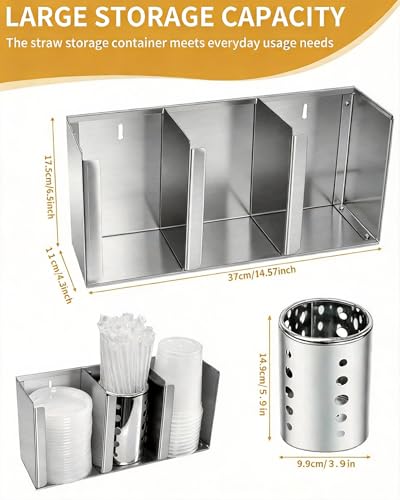 Stainless Steel Cup Dispenser,3 Compartments Cup Holder and Lid Holder with Adjustable Dividers,Cup Organizer for Kitchen Cabinets Cafe Shop Restaurant,Includes Straw Holder