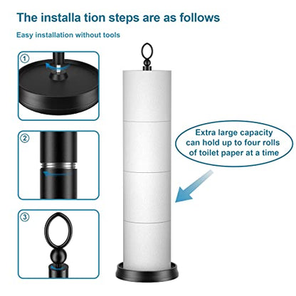 ROLABAM Heavy Weighted Toilet Paper Holder (with Reserve Function) Free Standing, Spare Toilet Paper Roll Storage Stand for Bathroom Total Height 22.5" ，Matte Black