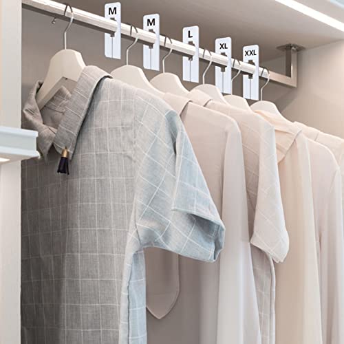 40 Pack Rectangular White Plastic Clothing Size Closet Rack Dividers Hangers, Preprinted in 8 Sizes XXS, XS, S, M, L, XL, XXL, XXXL (2.5”x 5”, Inner Diameter 1.38”)