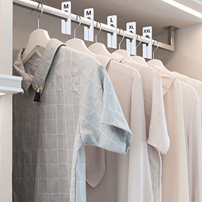 40 Pack Rectangular White Plastic Clothing Size Closet Rack Dividers Hangers, Preprinted in 8 Sizes XXS, XS, S, M, L, XL, XXL, XXXL (2.5”x 5”, Inner Diameter 1.38”)