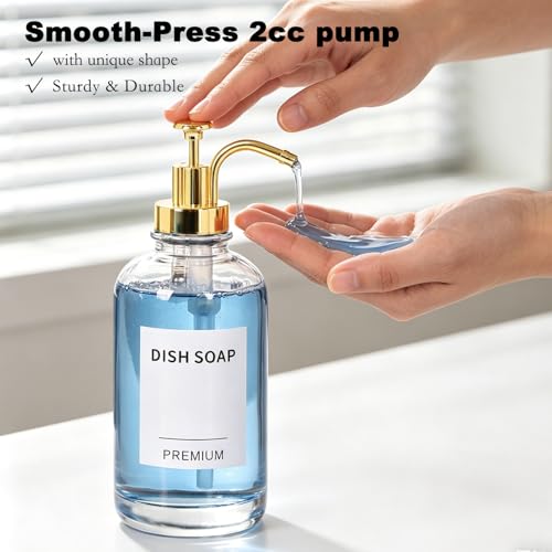 Dish Soap Dispenser for Kitchen, Hand Glass Soap Dispenser Set with Pump, Tray, Funnel for Bathroom, Shower, Laundry, Liquid, Lotion (Gold 2 Pack 18 Oz Clear Bottles with 12 Stickers)