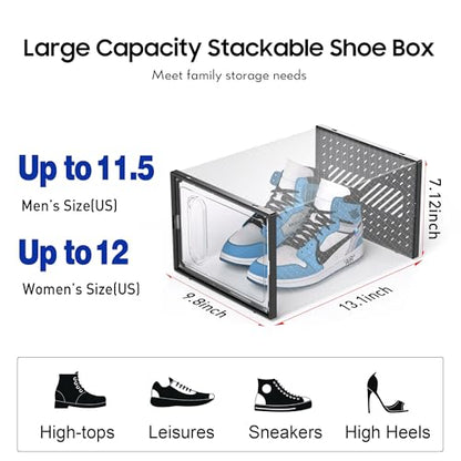 X-Large Shoe Boxes with Magnetic Door, 12-Pack Stackable Shoes Storage Organizer for Closet, Clear Plastic Sneaker Container Shoe Rack for Size 12, Black