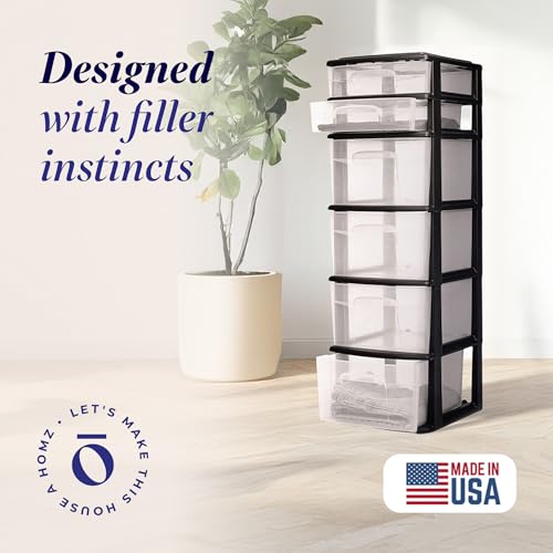 HOMZ Drawer Tower, 6-Tier Storage Cart with Removable Wheels, Black Frame | Plastic Organizer with Clear Bin Drawers for Bedroom, Bathroom, Home Office, and Dorm Rooms