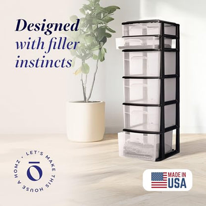 HOMZ Drawer Tower, 6-Tier Storage Cart with Removable Wheels, Black Frame | Plastic Organizer with Clear Bin Drawers for Bedroom, Bathroom, Home Office, and Dorm Rooms