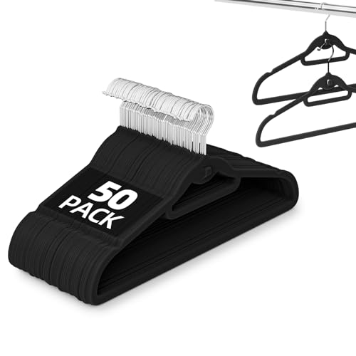 Velvet Stackable Hangers 50 Pack Space Saving Cascading Hook Black | Ultra Thin, Non Slip Felt, Heavy Duty With 360° Swivel Hook, Shoulder Notches, for Suit Shirt Pant Dress Coat
