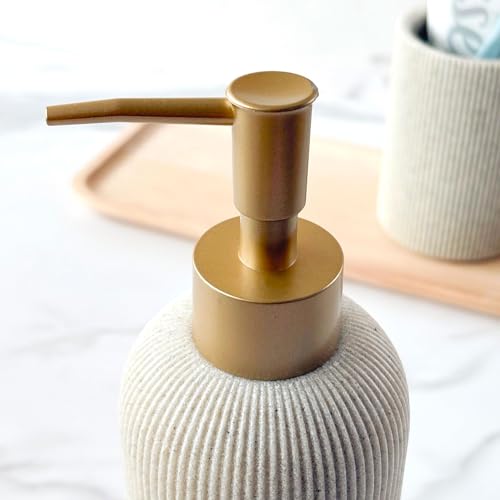 Sand Beige Hand Soap Dispenser with Matte Gold Pump, 7 oz | Luxury Farmhouse Boho Zen Style, Sandstone Finish, Lotion & Dish Soap Dispenser for Bathroom and Kitchen